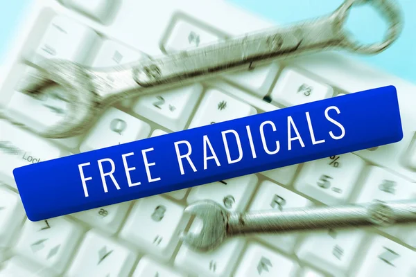 Text Sign Showing Free Radicals Word Written Produced Body Natural — Stok fotoğraf