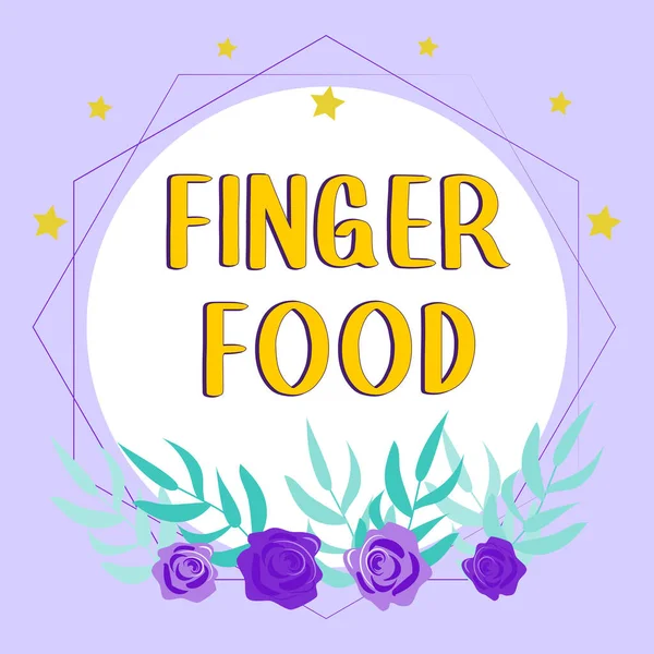 Texto Caligrafia Finger Food Business Overview Products Digestives Held Fingers — Fotografia de Stock