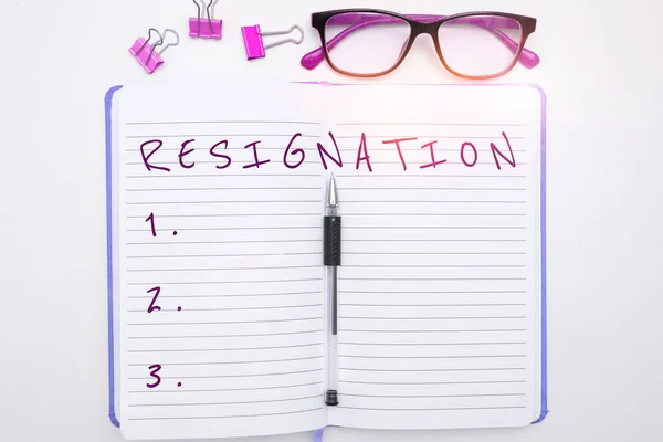Sign Displaying Resignation Word Written Act Giving Working Ceasing Positions — Foto de Stock