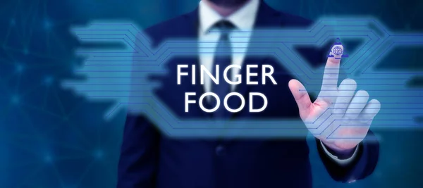 概念展示的手指食物 产品和消化道的单词 将举行与手指吃饭 — 图库照片