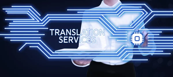 翻訳サービスを示すテキスト記号 スピーチを翻訳する人々を提供する組織に書かれた言葉 — ストック写真