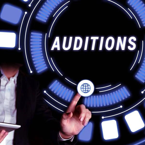 Text Sign Showing Auditions Business Overview Trial Performance Appraise Entertainers — Stock Photo, Image