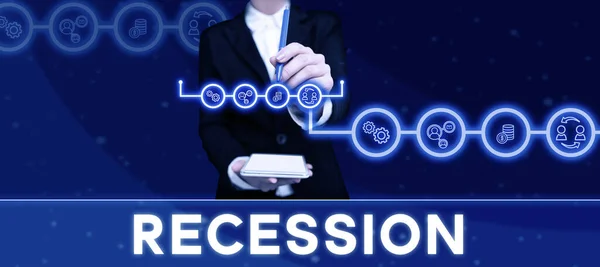 Znak Tekstowy Pokazujący Recesję Biznes Prezentuje Proces Stopniowego Spadku Wzrostu — Zdjęcie stockowe
