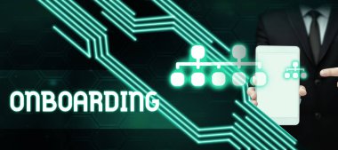 Yeni bir çalışanı bir organizasyona entegre etme konsept fotoğraf eylem sürecini gösteren metin işareti