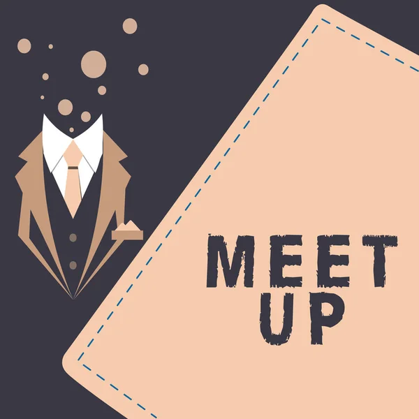 Firma Mostrando Meet Word Written Reunión Informal Reuniendo Trabajo Equipo — Foto de Stock