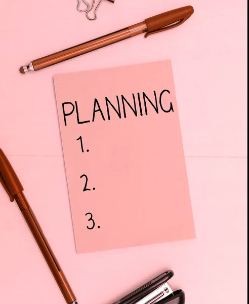 Sinal Escrita Mão Planejamento Palavra Por Processo Pensar Sobre Atividades — Fotografia de Stock