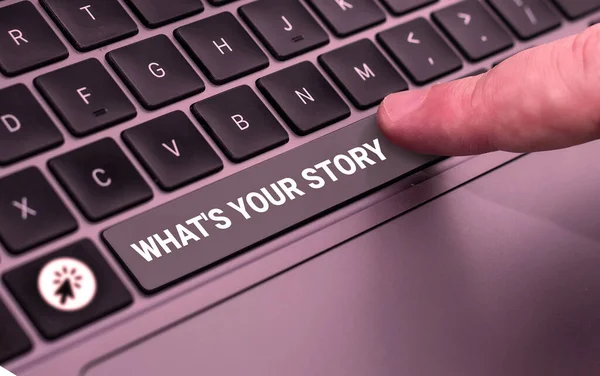 Text caption presenting Whats Your Story, Business approach asking someone tell me about himself Share experience