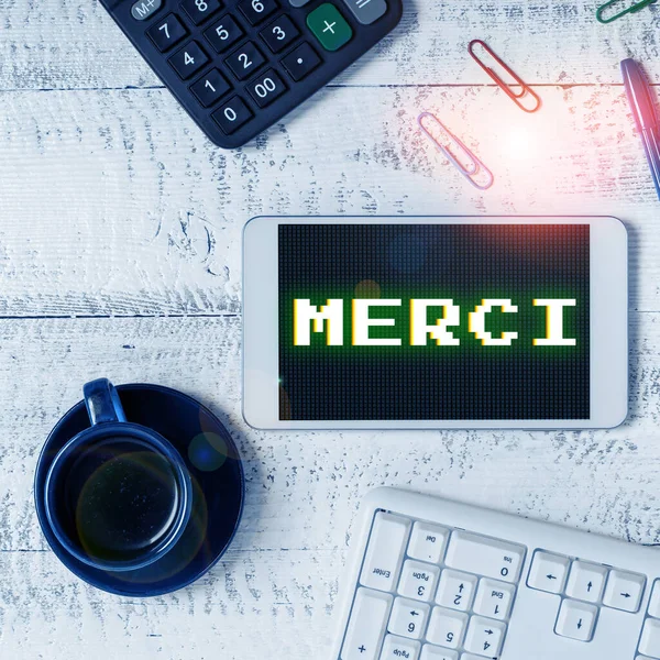 Text Sign Showing Merci Word What Said Response Someone Helps — Stock Photo, Image