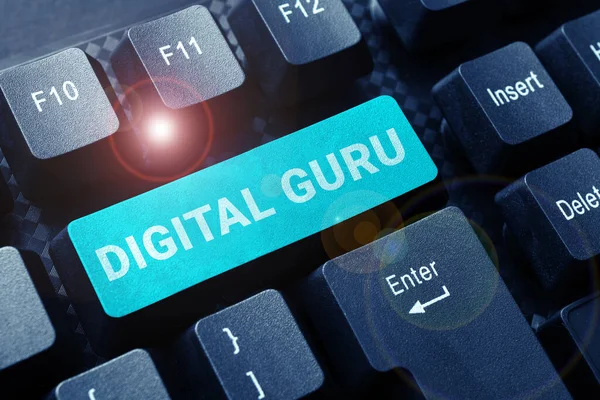 Sinal Exibindo Guru Digital Conceito Significado Professor Guia Intelectual Questões — Fotografia de Stock