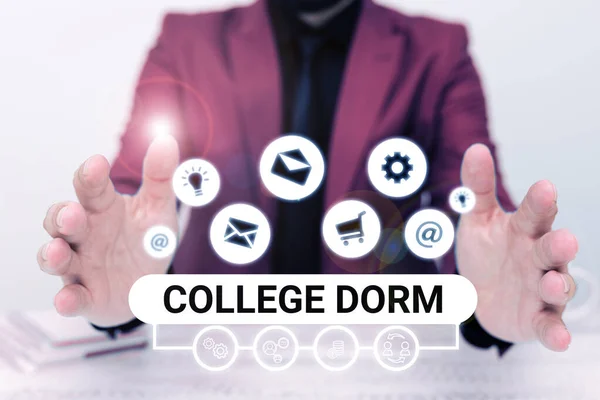 Text caption presenting College Dorm, Business idea residence hall providing rooms for college individuals or for groups of students