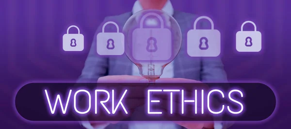 Text Sign Showing Work Ethics Business Approach Set Values Centered — Fotografia de Stock