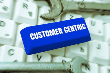 Sign displaying Customer Centric, Business overview process of looking after customers to ensure their pleasure