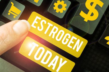 Text sign showing Estrogen, Business overview Group of hormones promote the development of female characteristics
