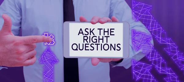 Conceptual Caption Ask Right Questions Business Showcase Szakmai Tanácsadás Konzultáció — Stock Fotó