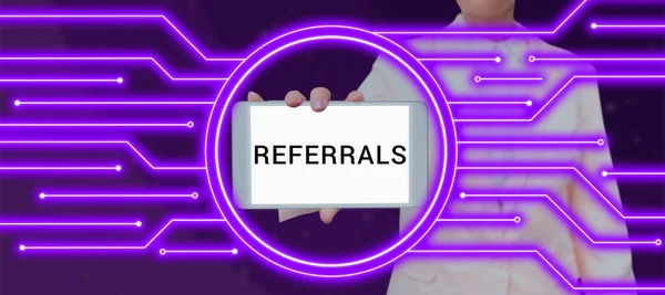 Hand Writing Sign Referrals Business Idea Act Referring Someone Something — Stock Photo, Image