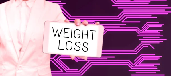 Schreiben Von Textanzeigen Gewichtsverlust Wort Zur Verringerung Der Körperflüssigkeit Muskelmasse — Stockfoto