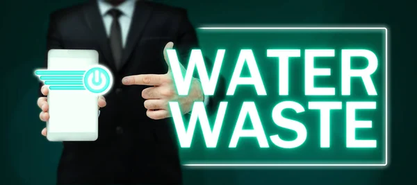 Text Sign Showing Water Waste Word Liquid Has Been Used — Foto de Stock
