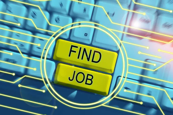 仕事を見つける 自分の職業に適した仕事を見つける または検索する人の行為に書かれた単語を提示するテキストキャプション — ストック写真