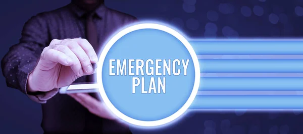 Sign displaying Emergency Plan, Business approach Procedures for response to major emergencies Be prepared