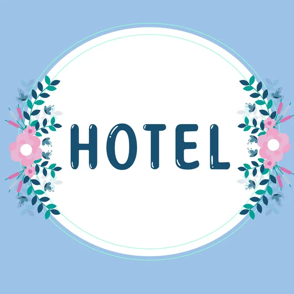 手書きのサインホテル 旅行者のための宿泊施設の食事サービスを提供する設立の言葉 — ストック写真