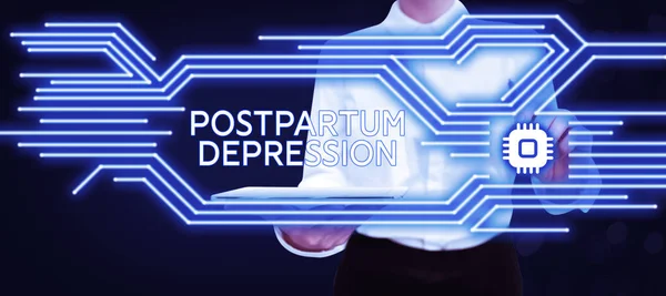 Text caption presenting Postpartum Depression, Business overview a mood disorder involving intense depression after giving birth