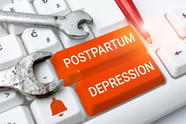Hand writing sign Postpartum Depression, Business approach a mood disorder involving intense depression after giving birth