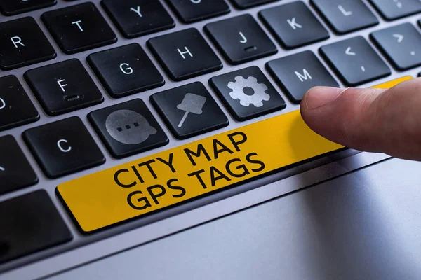 Texto Que Mostra Inspiração Mapa Cidade Gps Tags Conceito Que — Fotografia de Stock
