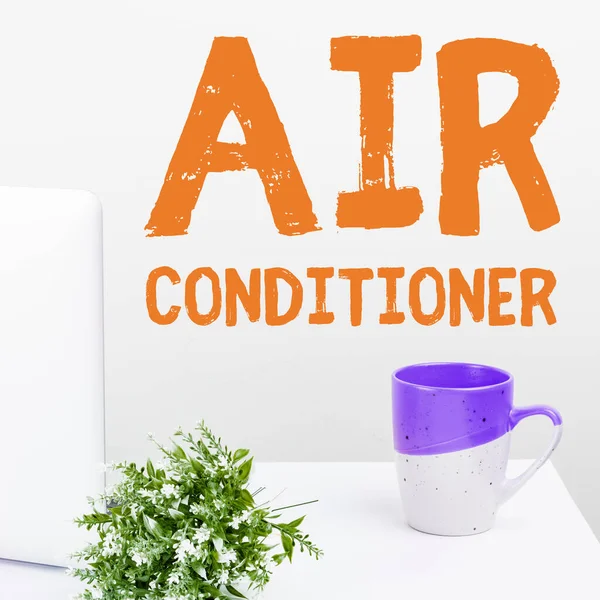 文字标牌 显示空调器 用于清洗空气和控制湿度及温度的装置的文字 — 图库照片