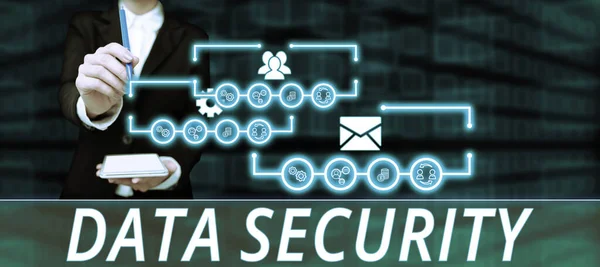 Skrivtecken För Hand Datasäkerhet Koncept Som Betyder Sekretess Kryptering Säkerhetskopiering — Stockfoto