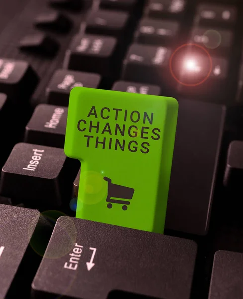 Text caption presenting Action Changes Things, Business approach doing something will reflect other things Reaction