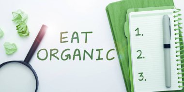 Yemek Organik, kavramsal fotoğraf yeme, şeker kontrolü diyetinin azaltılmasını gösteren metin işareti