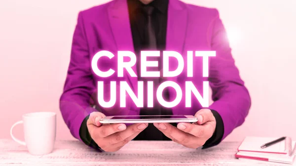 Legenda Texto Apresentando Credit Union Business Overview Cooperative Association Makes — Fotografia de Stock