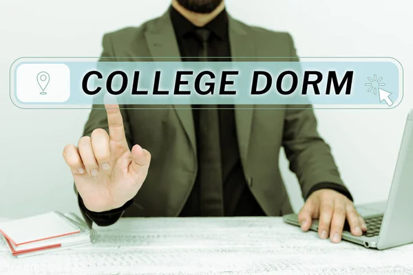 Writing displaying text College Dorm, Business idea residence hall providing rooms for college individuals or for groups of students