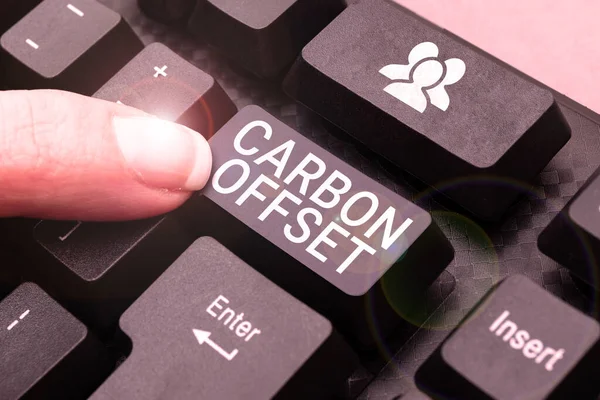 Σήμα Κειμένου Που Δείχνει Αντιστάθμιση Άνθρακα Επιχειρηματική Προσέγγιση Μείωση Των — Φωτογραφία Αρχείου