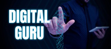 Text caption presenting Digital Guru, Business idea teacher and intellectual guide in matters of fundamental concern of electronics