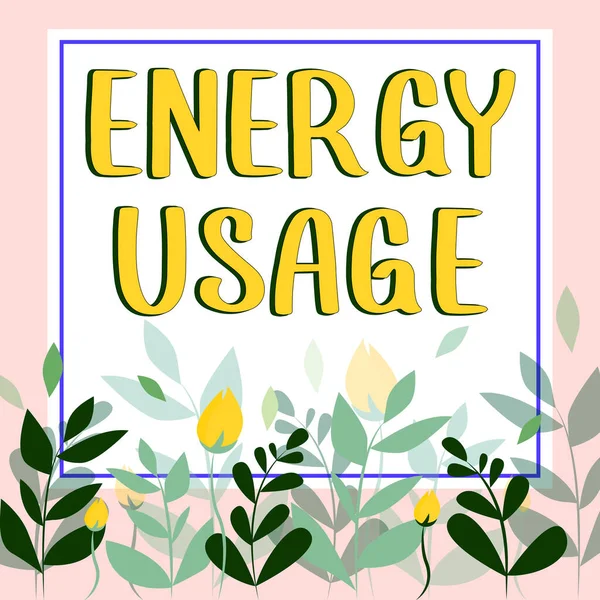 概念显示能源使用 关于在过程或系统中消耗或使用的能源数量的文字 — 图库照片