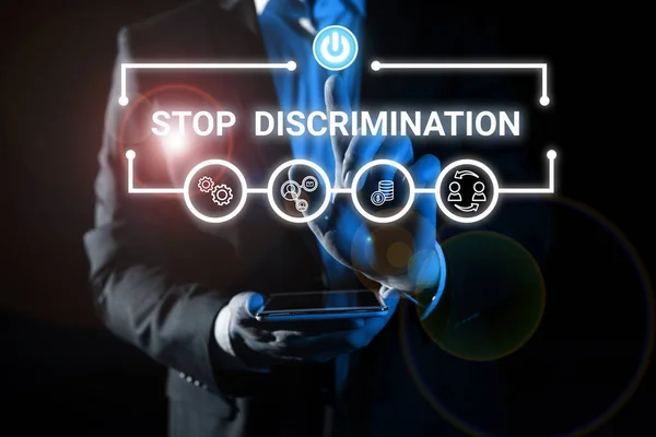 Podpis Koncepcyjny Stop Dyskryminacji Podejście Biznesowe Zapobieganie Nielegalnym Wykopaliskom Ochrona — Zdjęcie stockowe