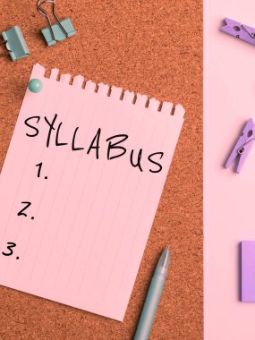 Hand writing sign Syllabus, Word for a summary outline of a discourse, treatise or of examination requirements