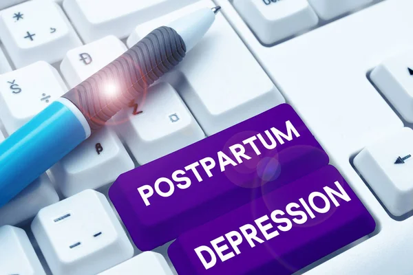 Text caption presenting Postpartum Depression, Business idea a mood disorder involving intense depression after giving birth