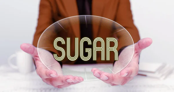 说明糖 商业概念甜晶体物质从甘蔗等各种植物中获得 — 图库照片