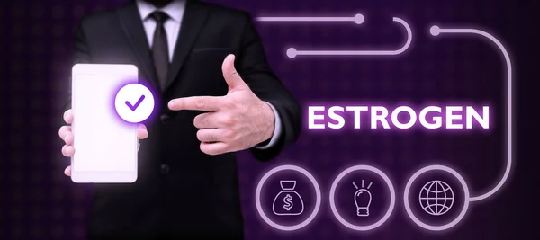 Text Sign Showing Estrogen Business Overview Group Hormones Promote Development — стоковое фото