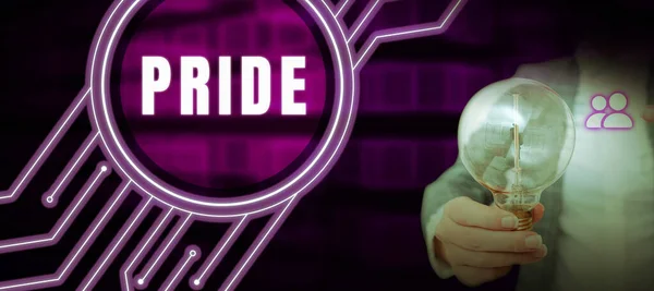 Text Bildtext Presenterar Pride Affärsidé Känsla Djup Glädje Tillfredsställelse Härrör — Stockfoto