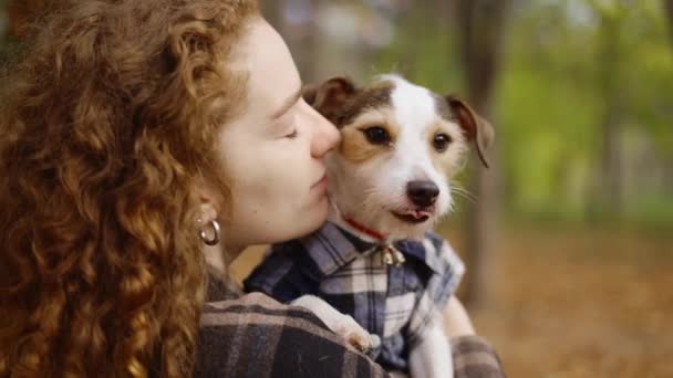 かわいい女性は幸せなジャック ラッセル テリア子犬を保持しています 秋の屋外肖像画 — ストック動画