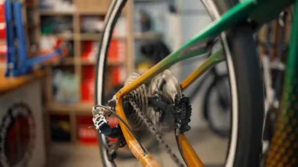Cadena Bicicleta Giratoria Engranajes Para Probar Bicicleta Taller Ciclismo — Vídeos de Stock