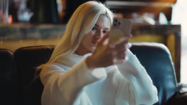 Sexy Blonde Woman Looking Her Cell Phone Taking Selfie Modern — Wideo stockowe