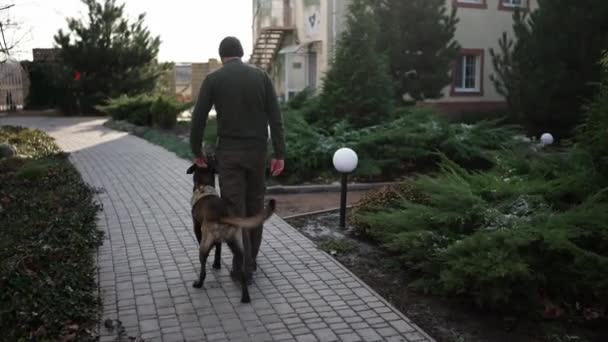 Man Walks House Yard Service Dog Military Protective Collar Rear — Stockvideo