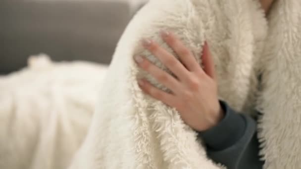 女性の手は毛皮の毛布白い色に触れる — ストック動画