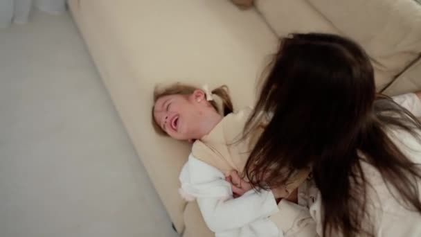 Cheerful Mother Tickles Daughter Plays Child Concept Happy Family — Video