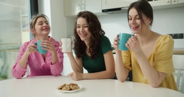 Φίλοι Κουτσομπολεύουν Μαζί Καφέ Και Κέικ Στην Κουζίνα — Αρχείο Βίντεο