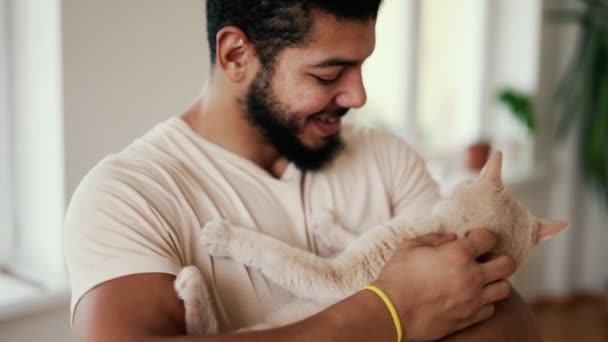 Ein Bärtiger Junger Mann Hält Eine Pfirsichfarbene Katze Seinen Armen — Stockvideo